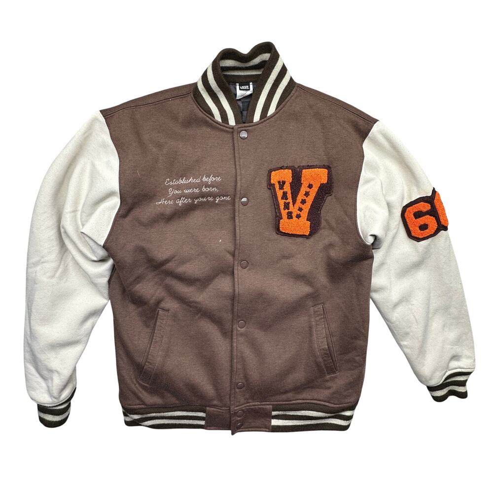 Vans 66 Brown Varsity Letterman Jacket Mens Large V Patch Snap Front Bomber